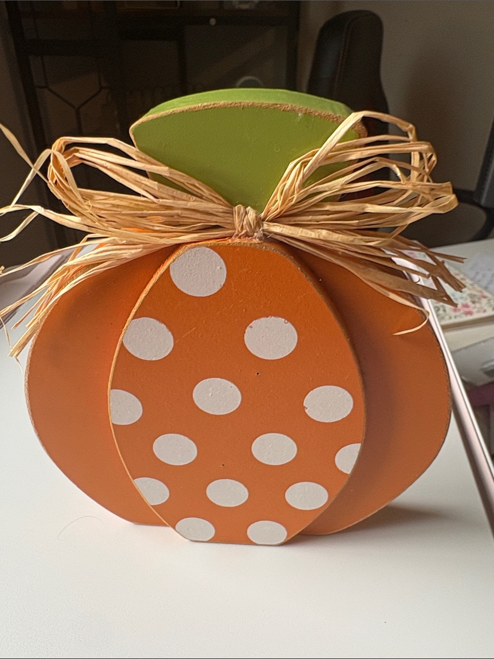T.J.Maxx Orange Polka Dot Pumpkin Figurine with Green Leaf